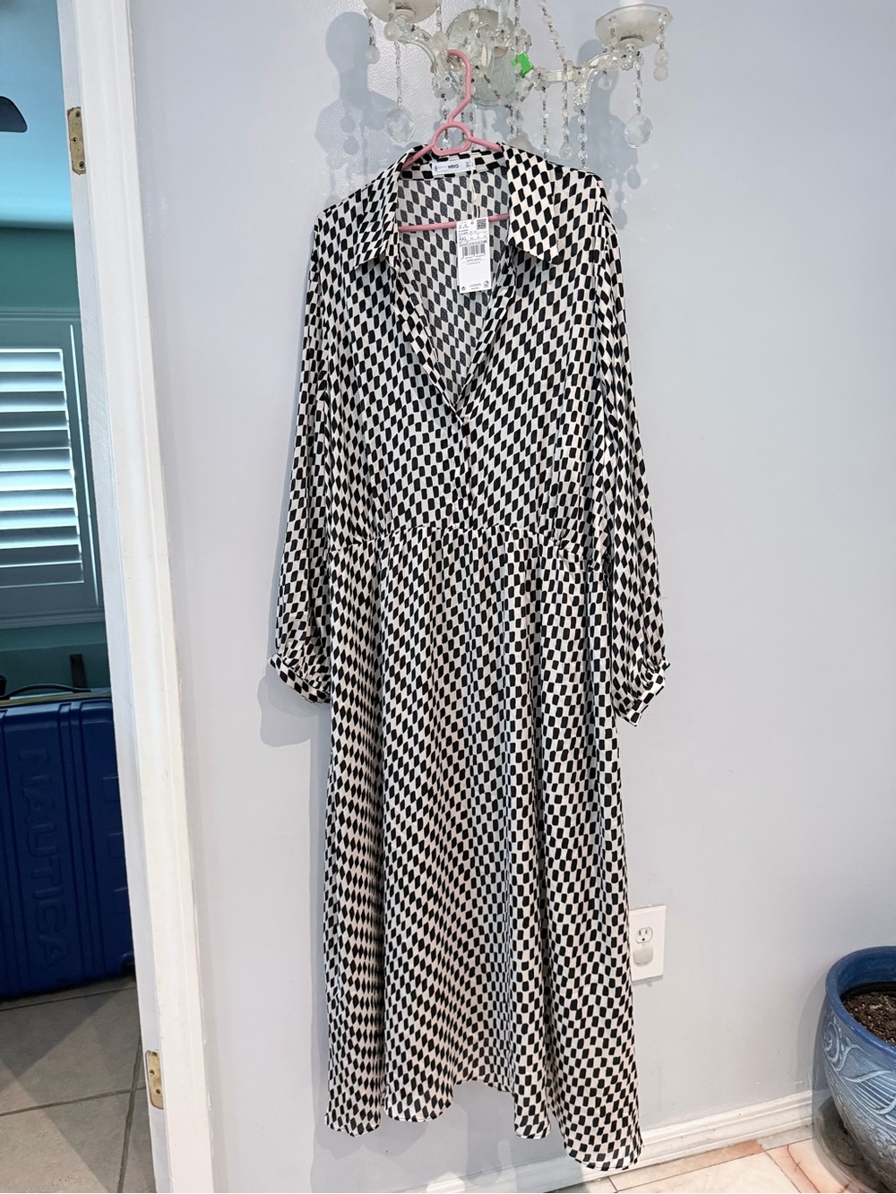 Mango Black and White Geometric Long Sleeve Midi Dress